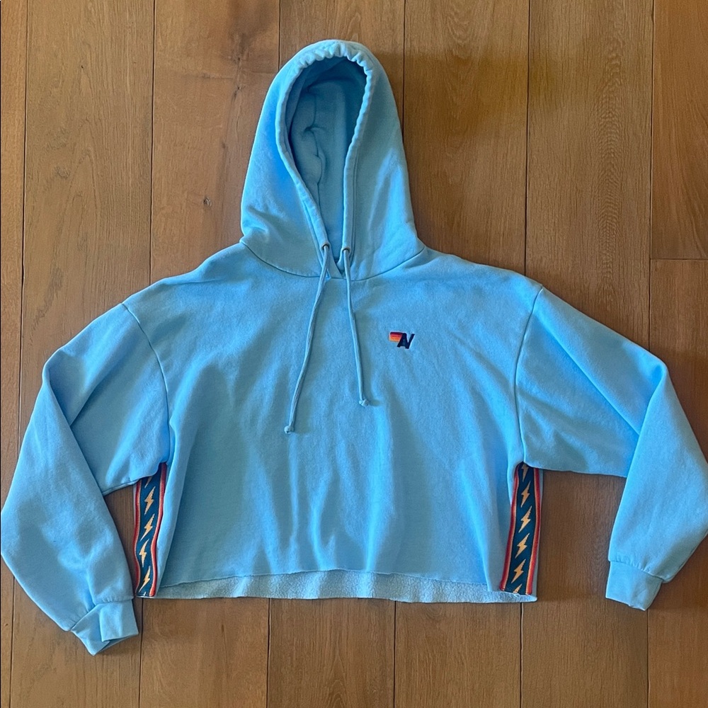 Aviator Nation Sky Blue Cropped Hoodie with Lightning Bolt Trim- Never Worn!